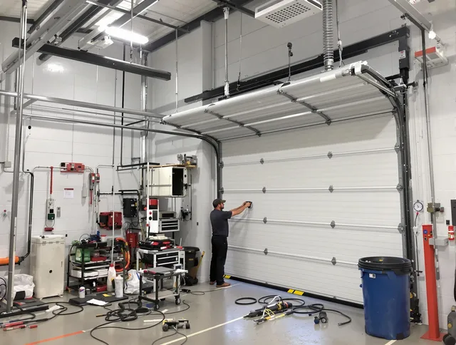 Bradenton Garage Door Repair certified technician performing commercial door repair at a Bradenton business facility