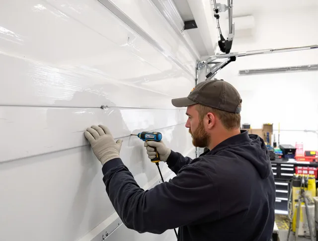 Bradenton Garage Door Repair technician demonstrating precision dent removal techniques on a Bradenton garage door