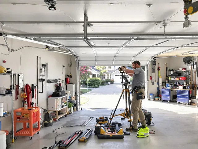 Bradenton Garage Door Repair specialist performing laser-guided track alignment in Bradenton